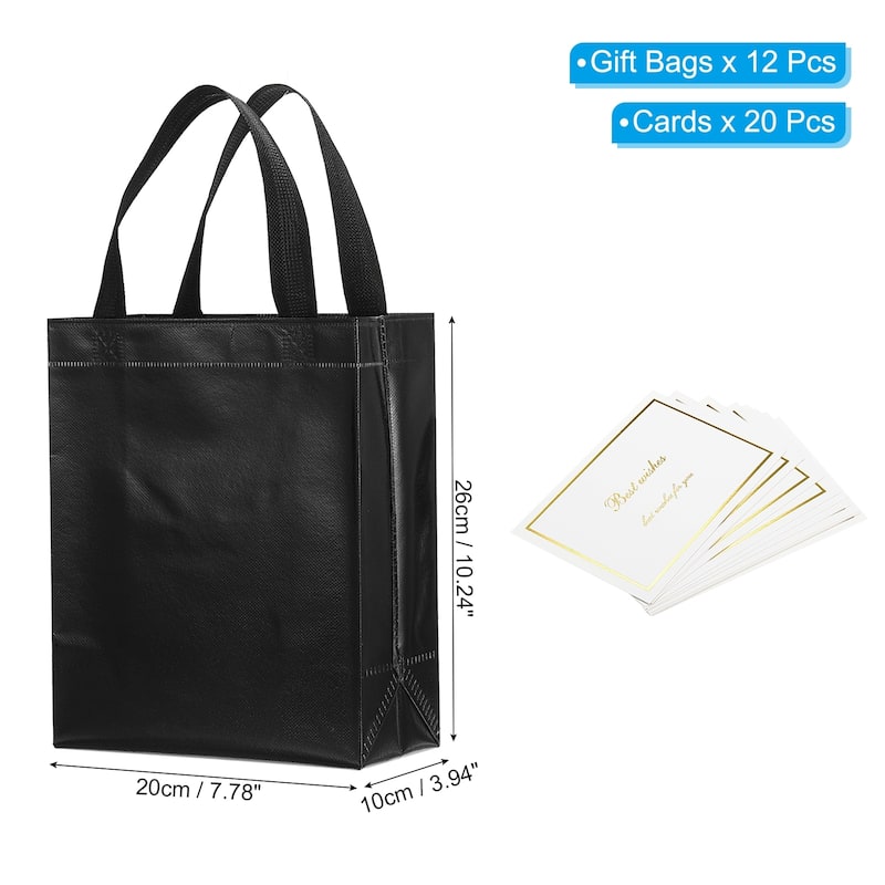 Gift Bags with Cards, 12 Set 8" Reusable Non-Woven Gift Goodie Bags - 10"x8"x4" - Black
