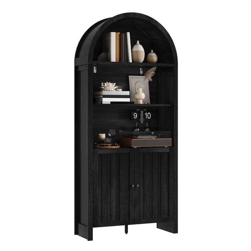 71" Tall Farmhouse Bookshelf with Arched Top and Storage Cabinet, Black