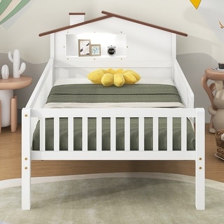Twin Wood Platform Bed with House-shaped Headboard, LED and Built-in Storage, White