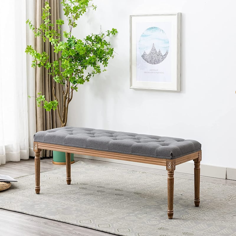 47" Rectangular Tufted Ottoman Bench Seat,Carved Rubber Wood Legs
