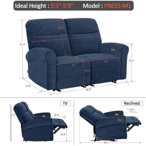 dimension image slide 9 of 16, MCombo 64.6" Wall Hugger Power Loveseat Fabric Recliner Sofa with USB Ports