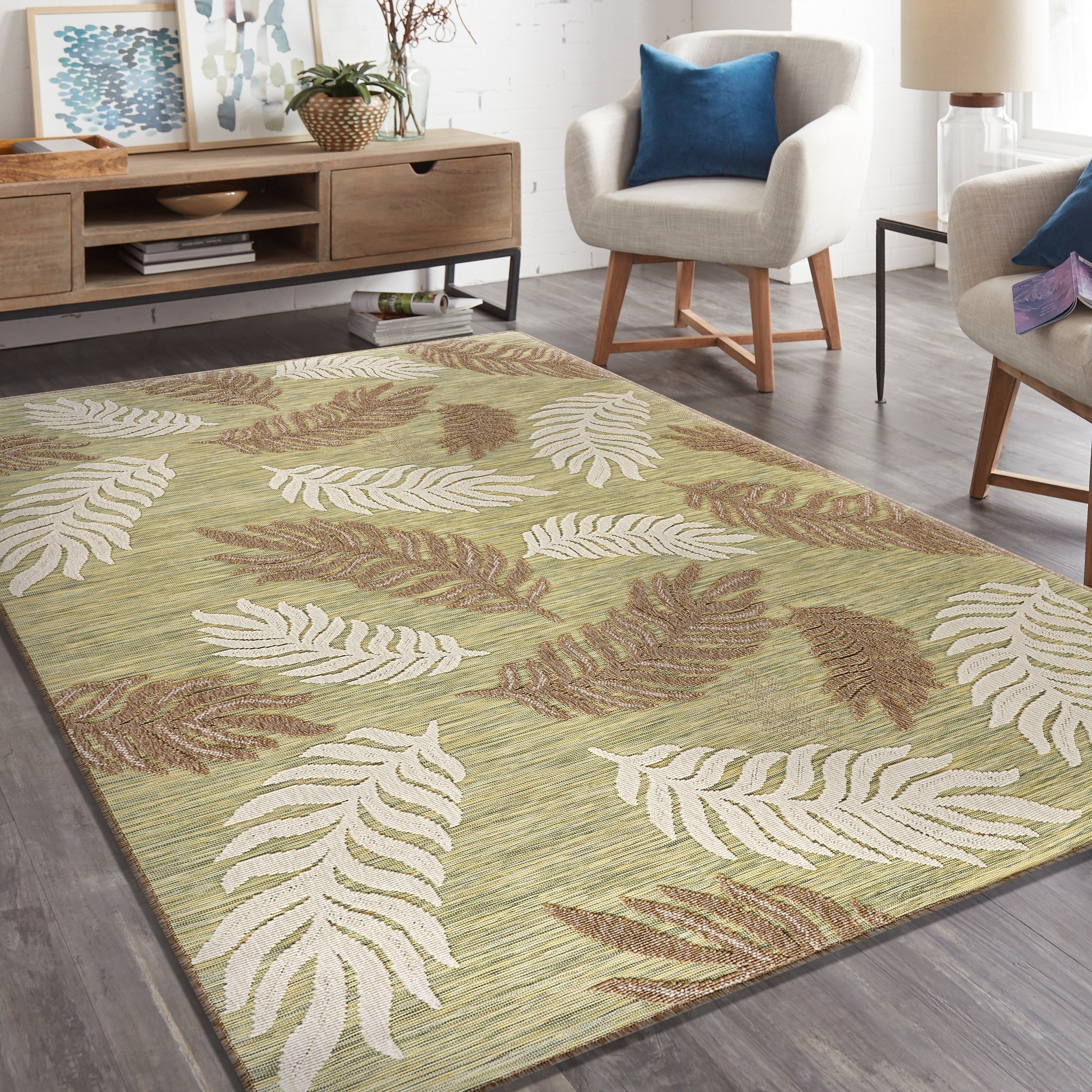 Carmel Botanical Sage Green Tropical Floral Indoor Outdoor Rugs