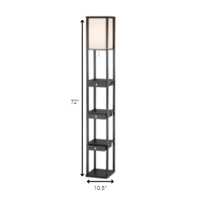 Black Wood Column Floor Lamp with Off White Fabric Rectangular Shade Pull Chain - 11.25” x 10.5” x 72” (D x W x H)
