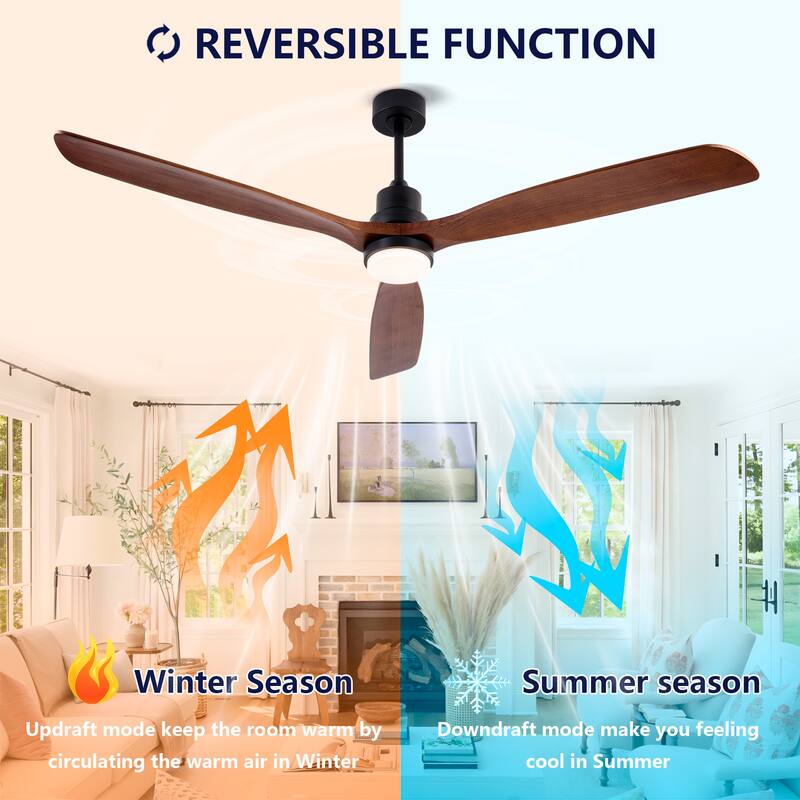 72 Inch Modern Ceiling Fan With 3 Color Dimmable 3 Solide Wood Blades Remote Control Reversible DC Motor With Led Light