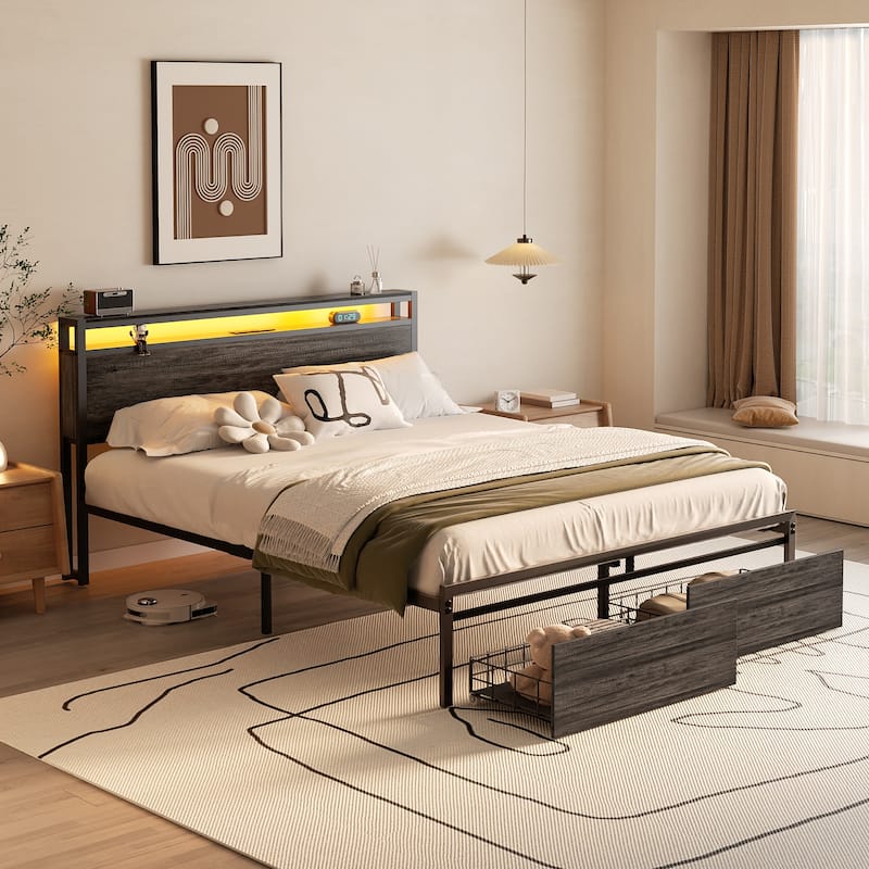 Platform Bed with Storage Headboard, Bed Frame with Charge Station and LED Light - Grey Oak - Full