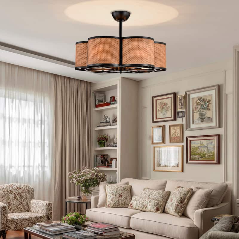 Bremen Basket Weave and Metal Frame Lighted Ceiling Fan Fandelier - Brown