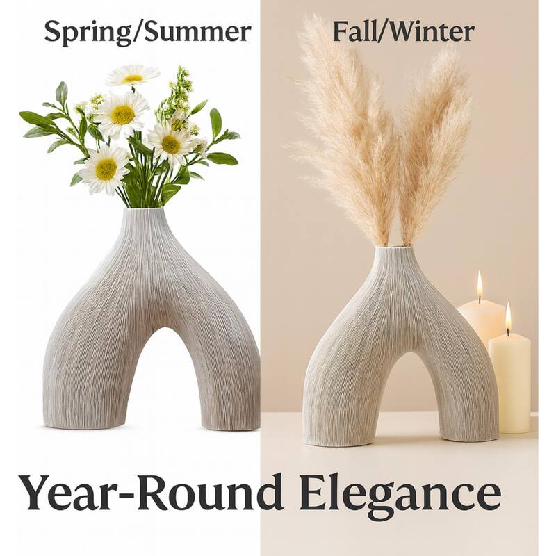 White U Shaped Textured Polyresin Vase for Modern Contemporary Decor