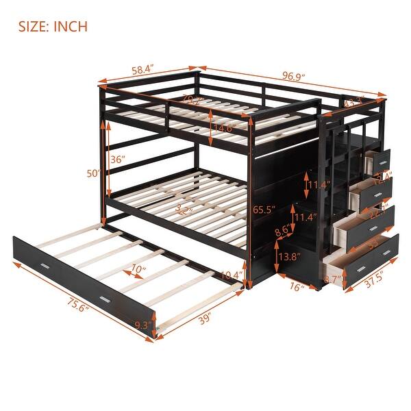 Espresso Full over Full Bunk Bed with Twin Size Trundle and Staircase ...