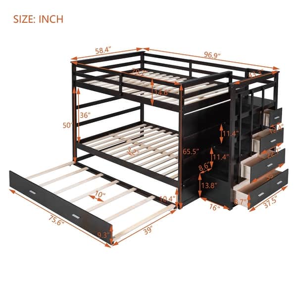 Simple Full over Full Bunk Bed With Trundle And Staircase,Storage Drawers