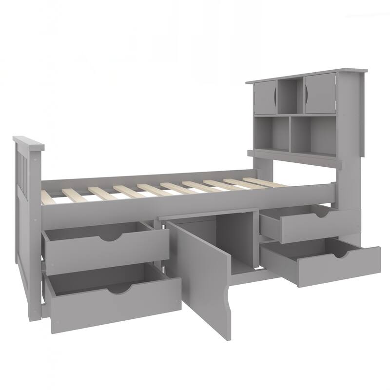 Twin Size Captain Platform Bed Frame with Storage Bookcases and Shelves
