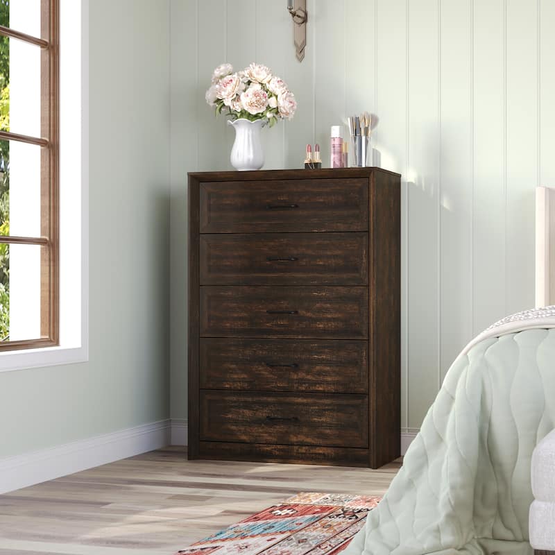 Farmhouse 5 Drawers Dresser 46.5" Tall Chest of Drawers White/Brown - Brown