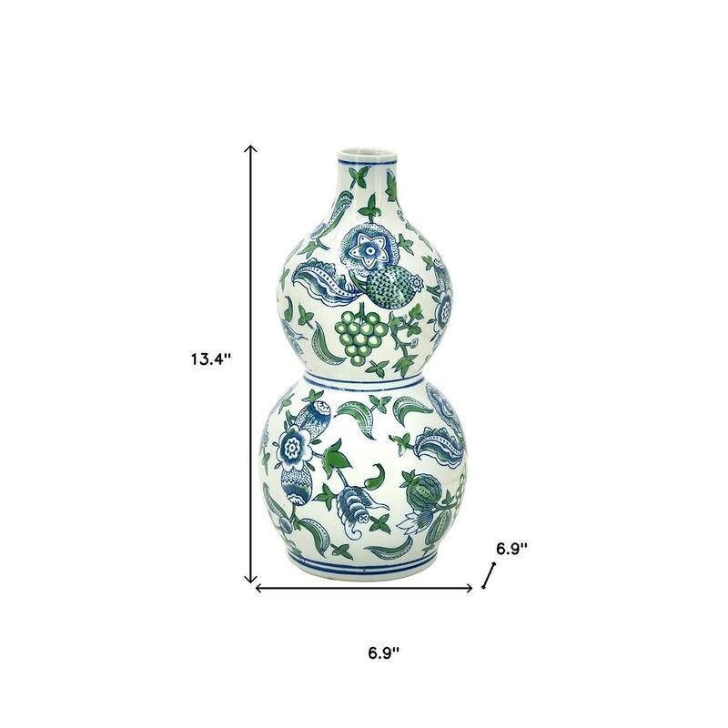 13" White Blue And Green Chinoiserie Porcelain Wavy Gourd Table Vase - 6.90
