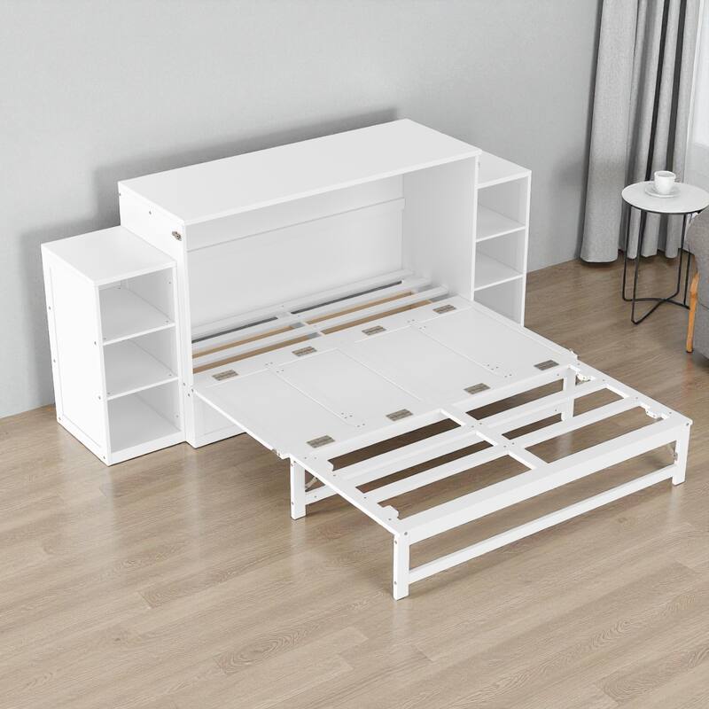 Full/Queen Size Murphy Bed with Storage Drawers and Shelves, Space-Saving Foldable Wall Bed for Guest Room