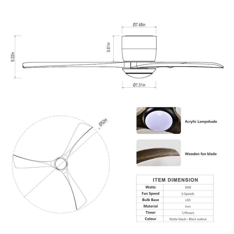 52" Flush Mount Ceiling Fan Solid Wood Blades Ceiling Fan With Light With Remote Control,Noiseless Reversible Motor,6 Speed