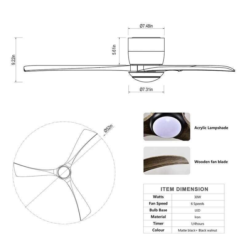 52 Inch Ceiling Fan Solid Wood Blades Light Remote Quiet Reversible Motor 6 Speed Matte