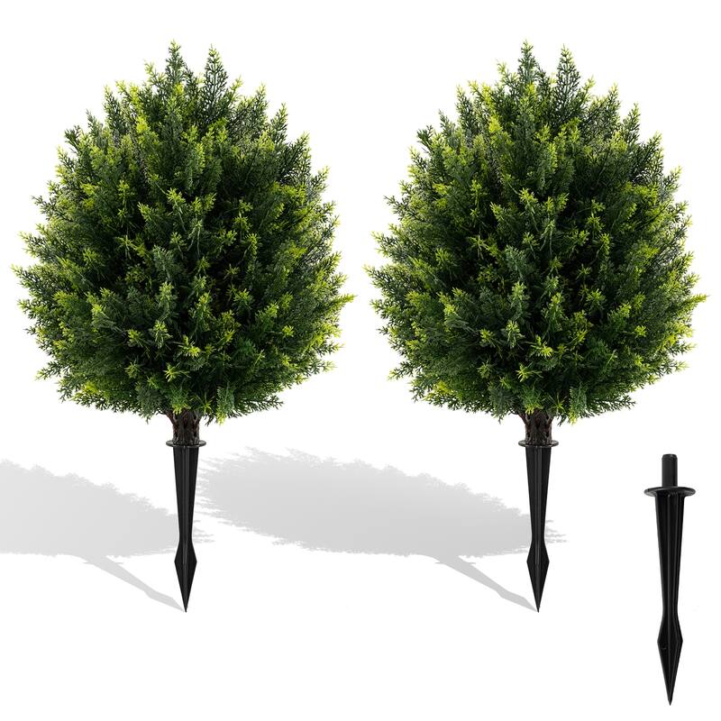 24" Artificial Cypress Topiary Balls Set of 2 Green Faux Shrubs for Patio Garden or Home Decor