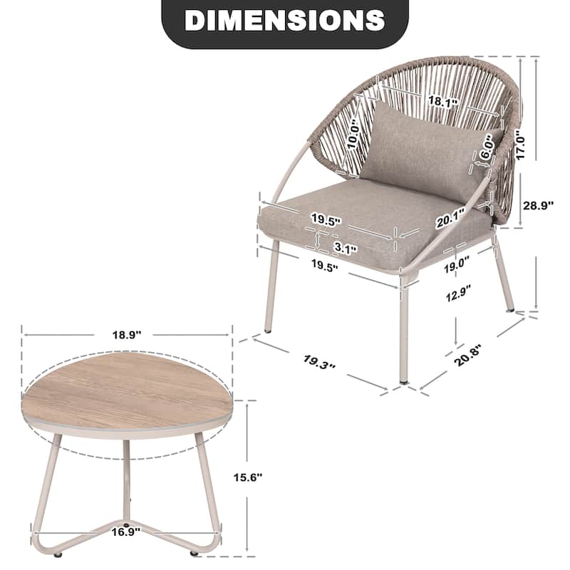 3PCS Metal and PE Wicker Patio Bistro Set with Zippered Cushions, Wood-Grain Tabletop