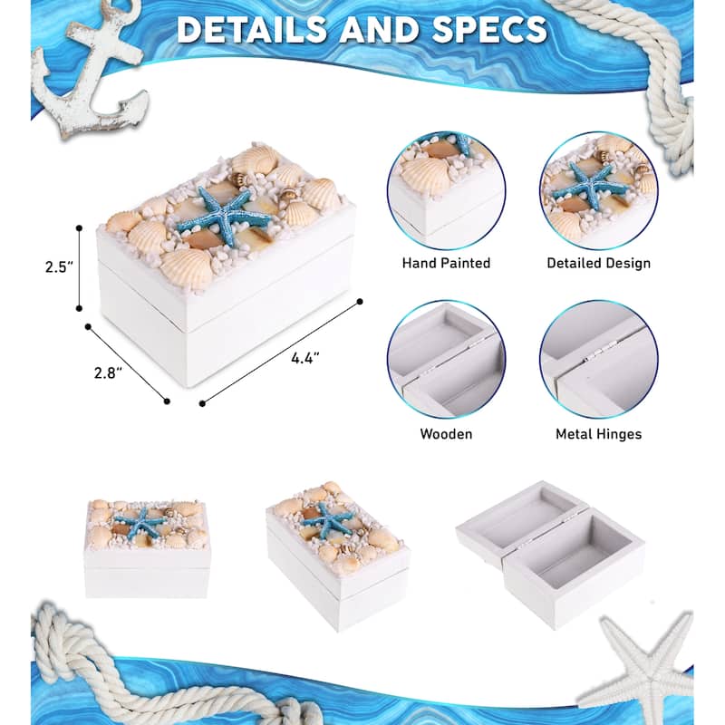 CoTa Global Oceanic White Wooden Jewelry Box w/ Seashell and Starfish ...