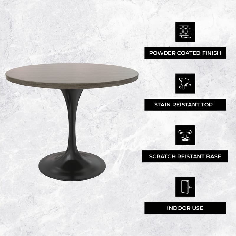 LeisureMod Verve 36" Round Dining Table with MDF Wood TableTop and Black Steel Base for Kitchen & Dining Room
