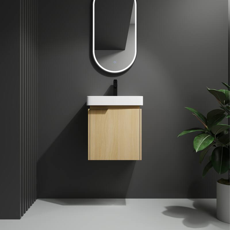 Plywood Wall-Mounted Bathroom Vanity with Integrated Resin Sink - 19.88'' x 14.13'' - Oak