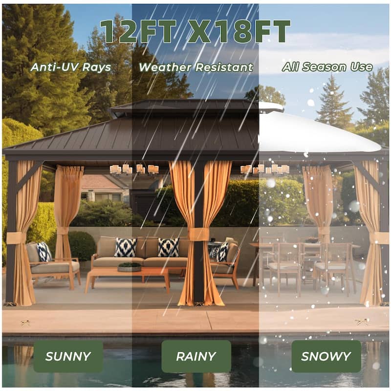 Hardtop Gazebo, Aluminum Frame Permanent Pavilion with Curtains and Netting, Outdoor Double Roof for Patios