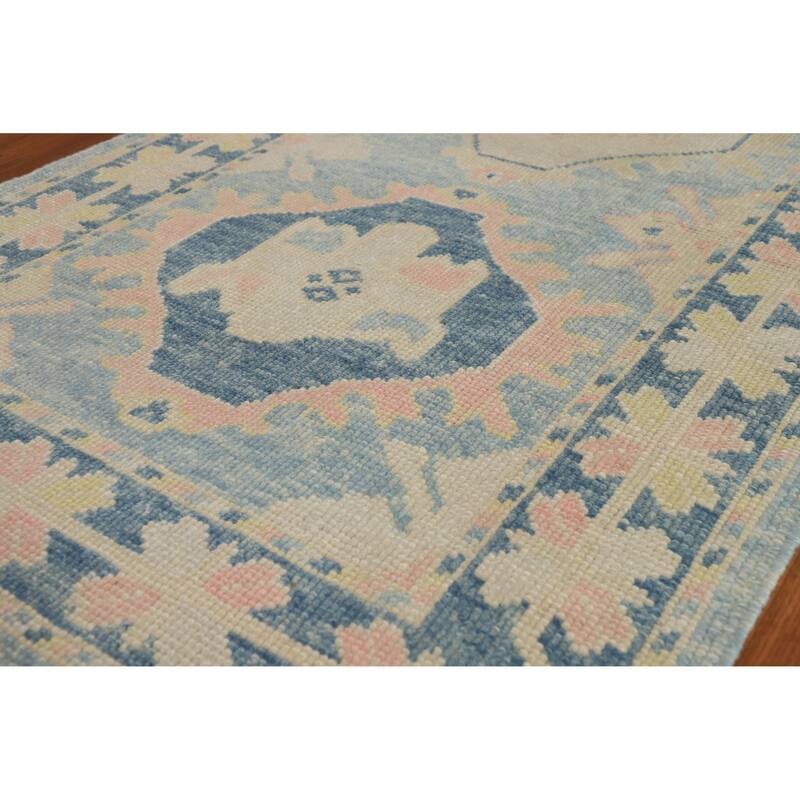 Hand Knotted Oriental 100% Wool Carpet Transitional Geometric Navy Blue & Blues Oushak Runner Rug - 11' 4'' X 3' 5''
