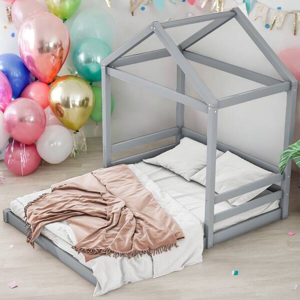 slide 2 of 16, Kids and Baby Full Size Wood House Platform Bed With Guardrail,Sturdy Frame For Home Grey