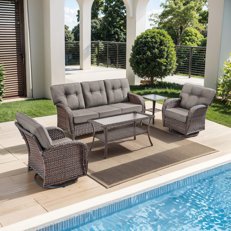 Pocassy Ooutdoor Patio Sofa Chairs Funiture Set - 5 Pieces w/ Table - Brown Wicker & Gray cushion