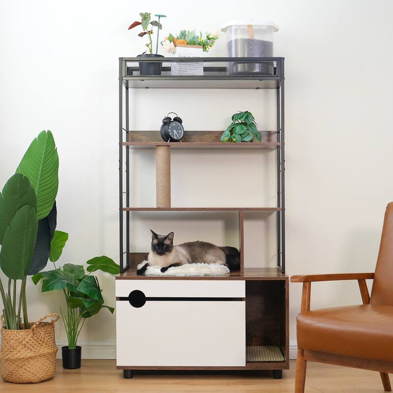 Wooden Cat Tree with Litter Box Enclosure, Dual-Function Pet Furniture - 31.5”L x 18.9”W x 59.8”H