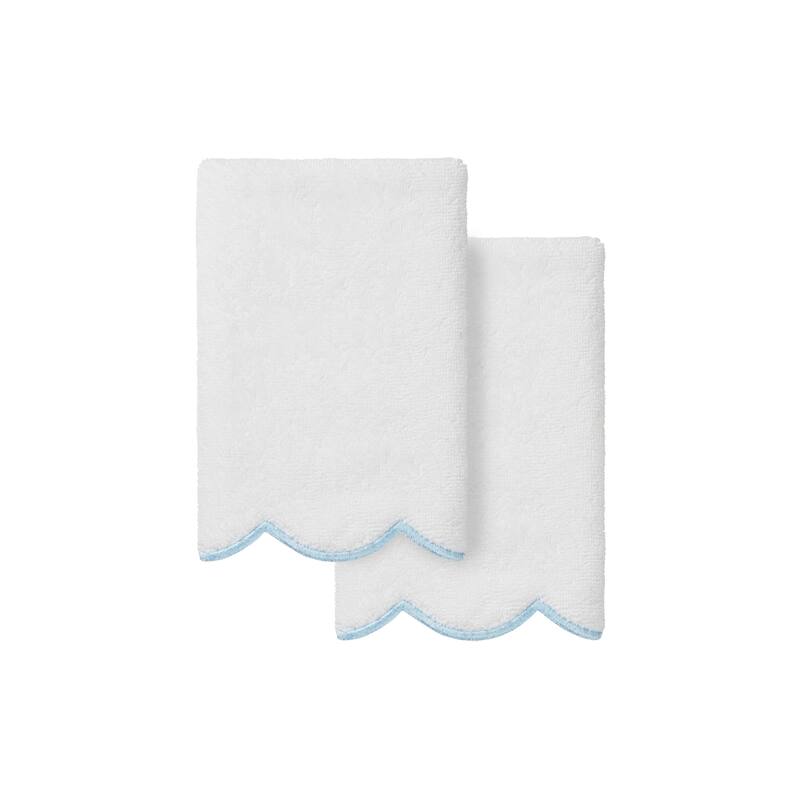 Authentic Hotel and Spa 100% Turkish Cotton ADORNIA Scallop Fingertip Towel Set - White/Blue - 2 Fingertip Towels