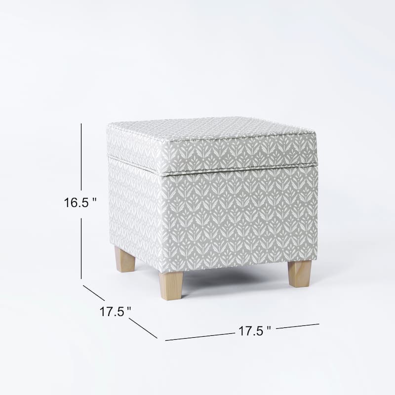 Pyp Square Storage Ottoman, 18 Inch Gray Print Fabric, Brown Wood