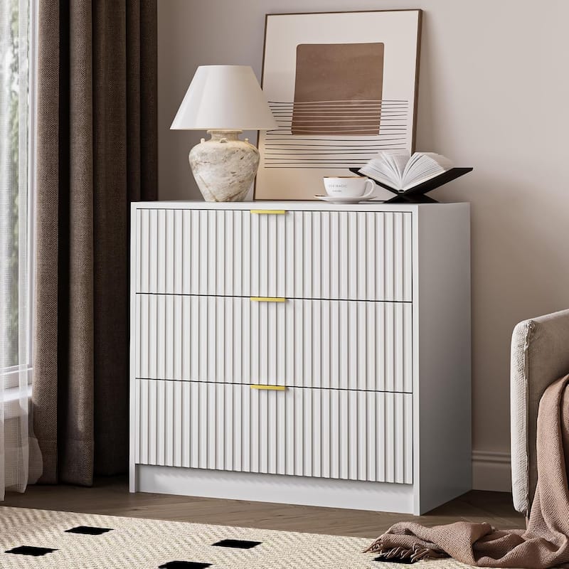 3 Drawer Fluted Dresser, 32 Inch Wide Nightstand with Large Drawer End Table for Bedroom - White