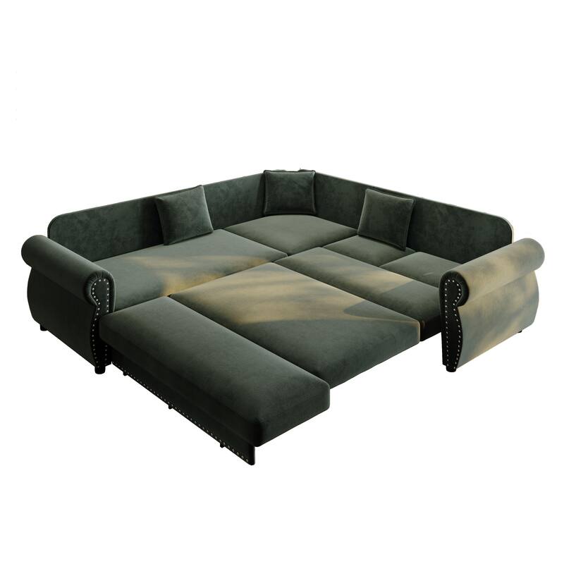 88.2" L-Shaped Sleeper Sectional Sofa with Pull-Out Bed - Chenille Convertible Couch, Nailhead Trim, for Living Room