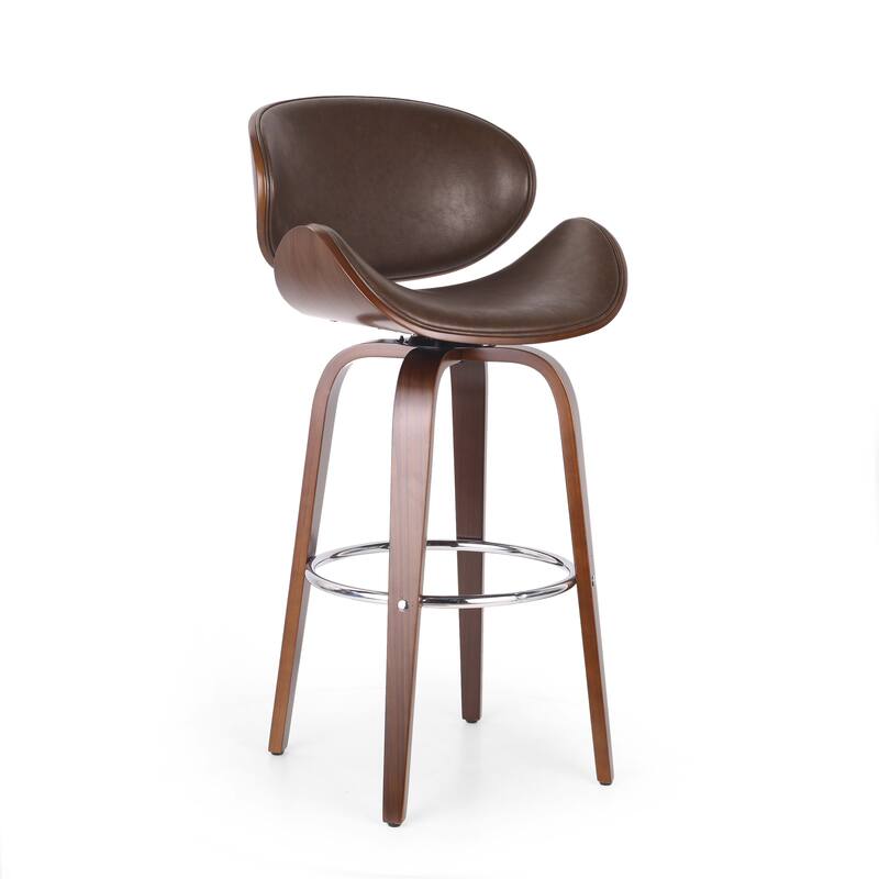 Roomfitters Mid-Century Modern Bentwood Bar Stool with Swivel Faux Leather Seat and Chrome Footrest, Brown