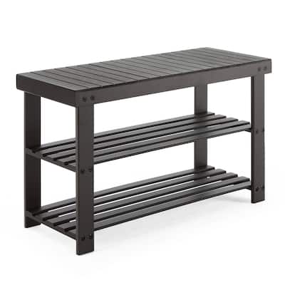3-Tier Bamboo Shoe Rack Bench with Storage, Black, Brown, Wood