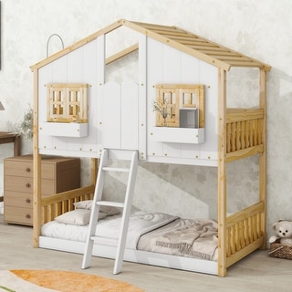 Natural+White Twin over Twin Size Wood House Bunk Bed with Roof , Window, Window Box, Door, Safety Guardrails and Ladder
