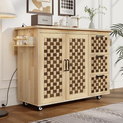 Farmhouse Kitchen Island with Drop Leaf, Storage, Drawers, Adjustable Shelves, Spice Rack & USB Charging Ports