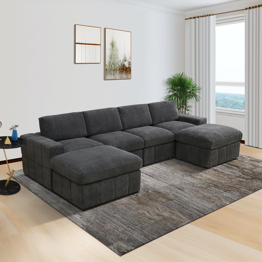 132'' U-Shaped Corduroy Sectional Sofa Couch with Ottomans for Living Room