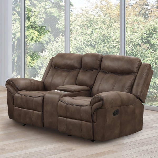 Verne Brown Manual Microsuede Glider Reclining Loveseat with Center Storage Console On Sale Bed Bath Beyond 38024251