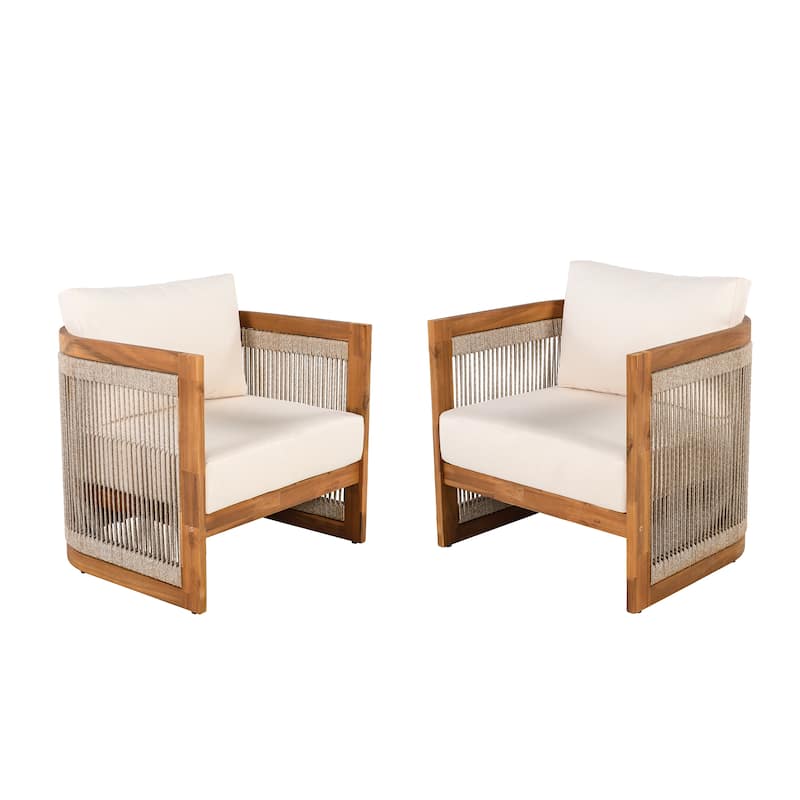 [Set of 2] Premium Acacia Wood Outdoor Club Chair, Curved Tub Design with Woven Rope Accents, Water-Resistant Cushions