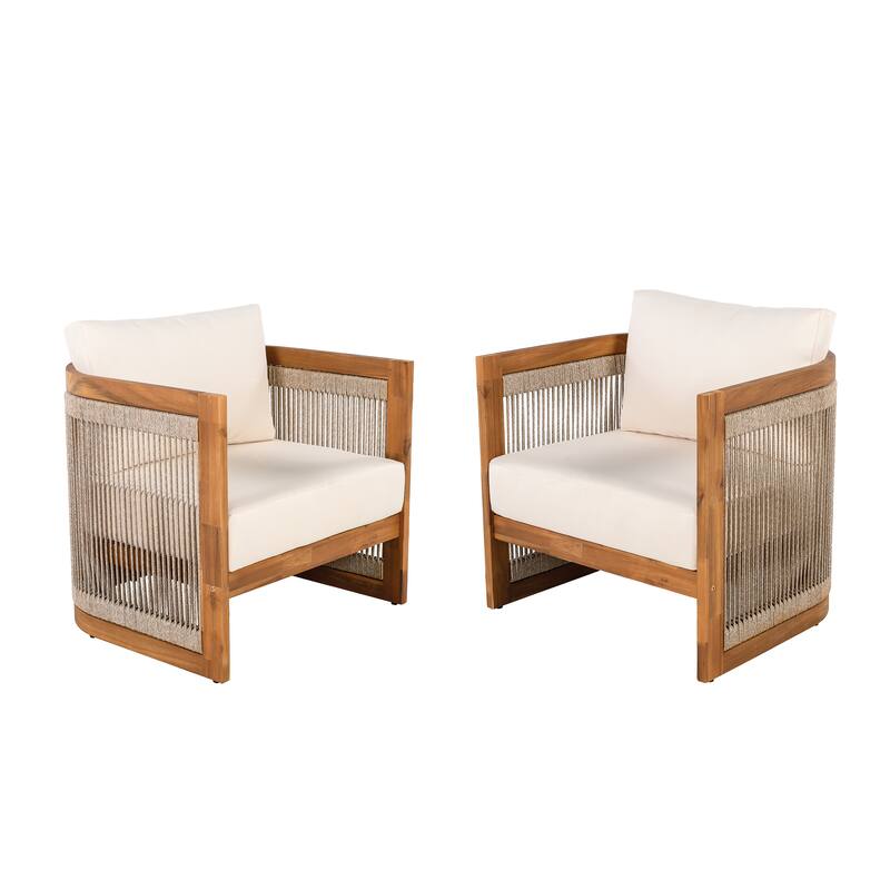 [Set of 2] Premium Acacia Wood Outdoor Club Chair,Curved Tub Design with Woven Rope Accents,Water-Resistant Cushions