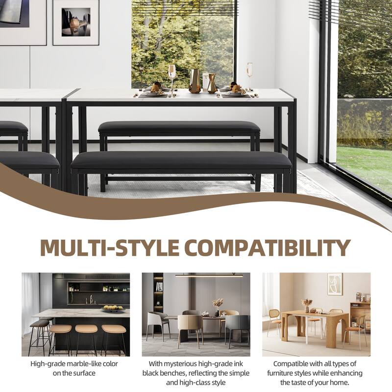 4-6 Person Dining Set with Faux Marble Top, PU Leather Benches and Storage Shelf