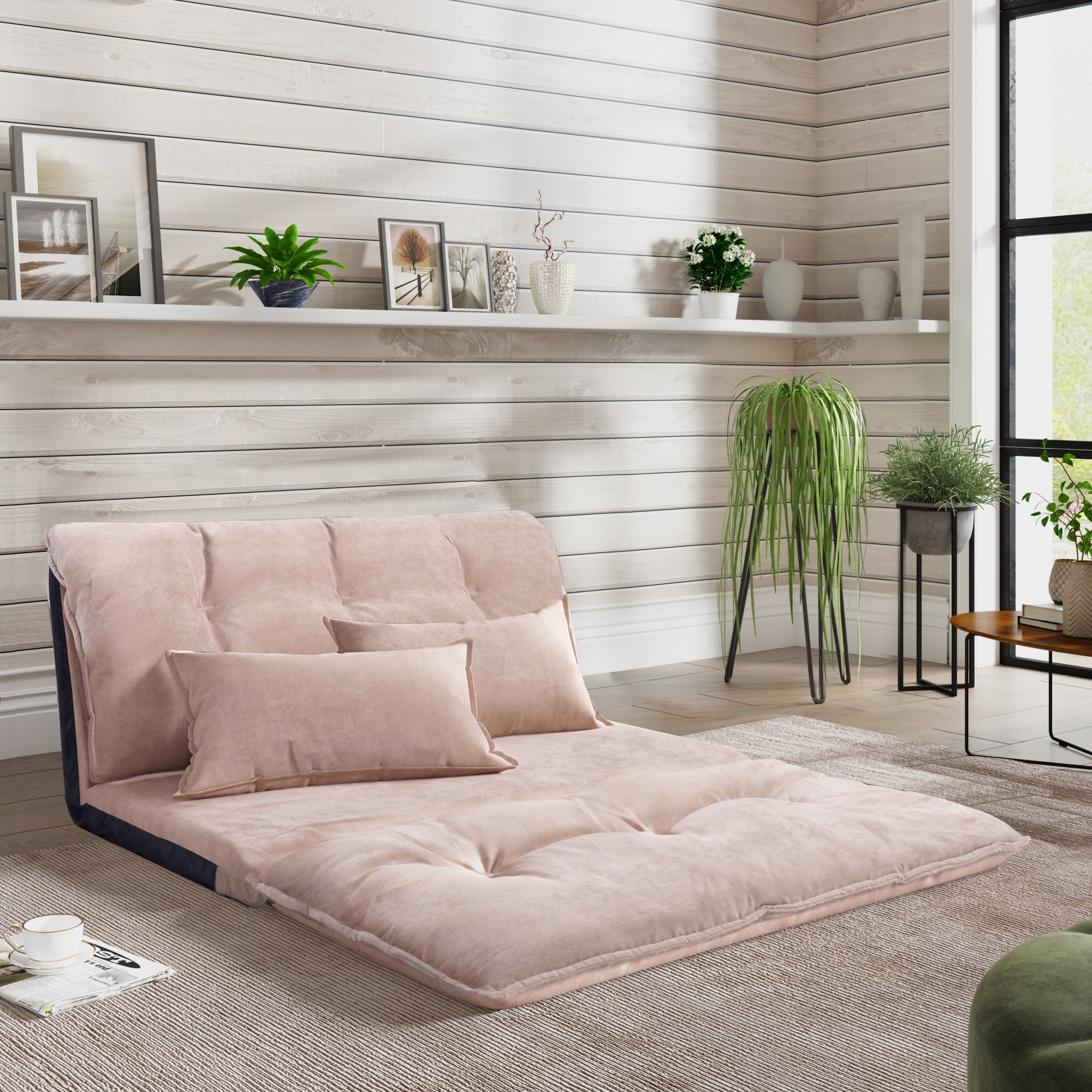 Lazy Sofa Adjustable Backrest 90°to 180° Folding Futon Sofa Video Gaming Sofa with Two Pillows and Rigid Steel Framework