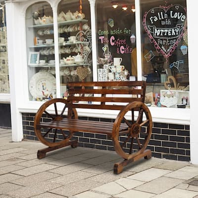 2-Person Wooden Wagon Wheel Bench with Slatted Seat and Backrest