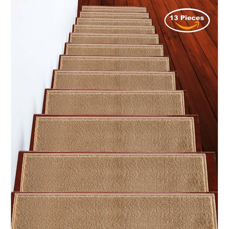 SUSSEXHOME Geometric Stair Treads with Easy to Install Double Adhesive Tape 9" x 28" - 10-PACK - Solid Beige