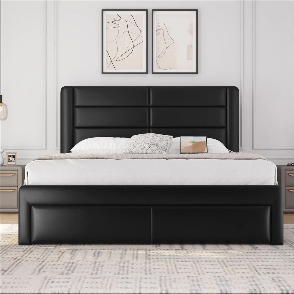 Upholstered Bed Frame with Storage Drawers & Built-In USB Ports Queen
