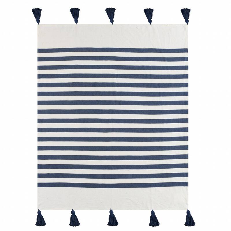 HomeRoots 50" X 60" Navy Blue And White Striped Cotton Throw Blanket