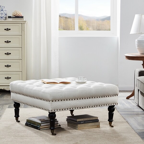 Belleze Square Ottoman Foot Rest Upholstered Padded Support Button Tufted Fabric w/ Rolling Wheels, Beige