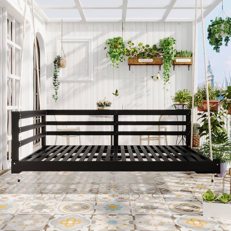 Patio Wooden Twin Size Swing Daybed Porch Swing Frame With Hemp Ropes (Excluding the table)