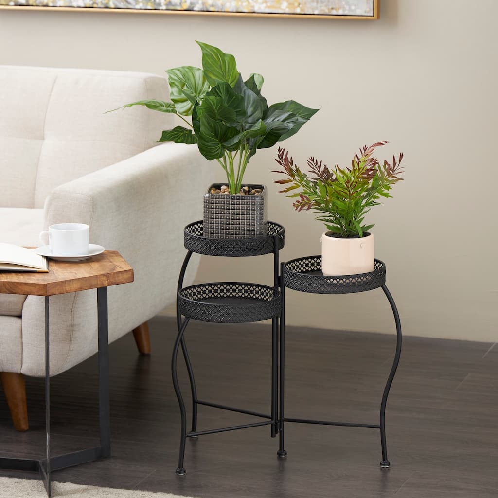 Black Metal Curved Folding 3 Tier Indoor Outdoor Plantstand with Floral and Scroll Patterns